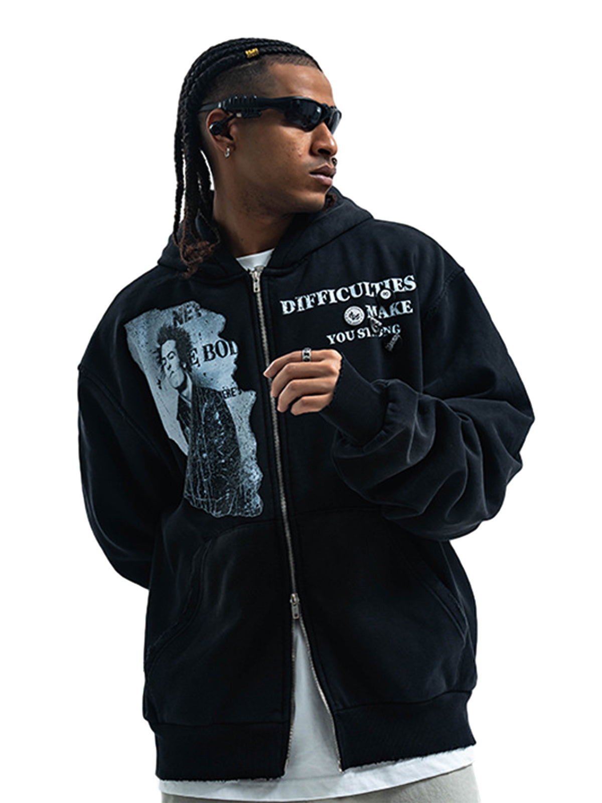 Kapuzenpullover mit verwaschenem Retro-Porträt-Print und Doppelreißverschluss