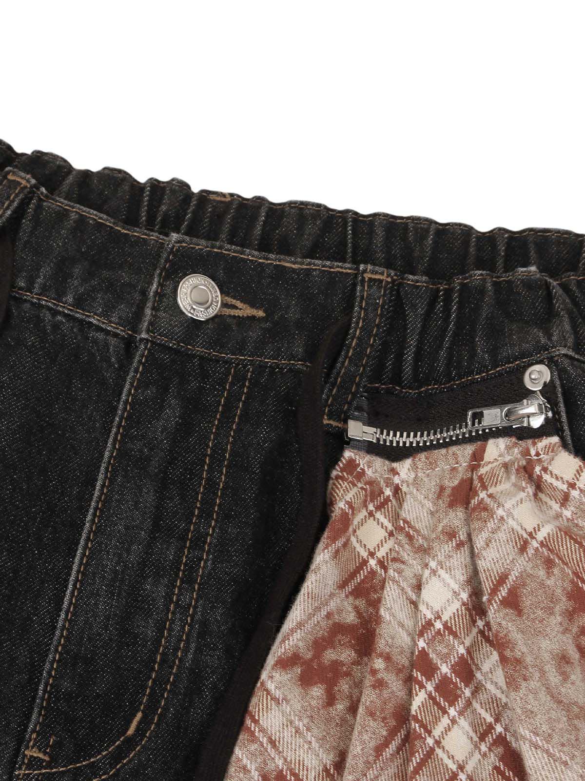 Baggy-Jeans mit Patchwork-Karomuster und Falten - 2334
