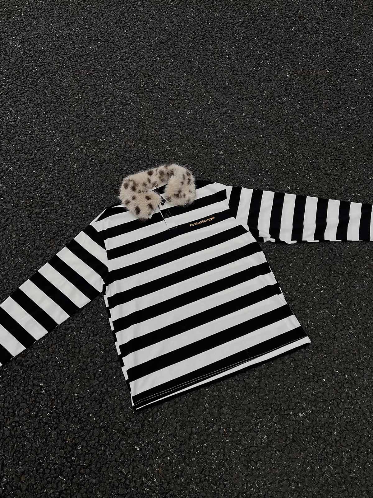 Striped Detachable Fur Collar Long-Sleeve T-shirt