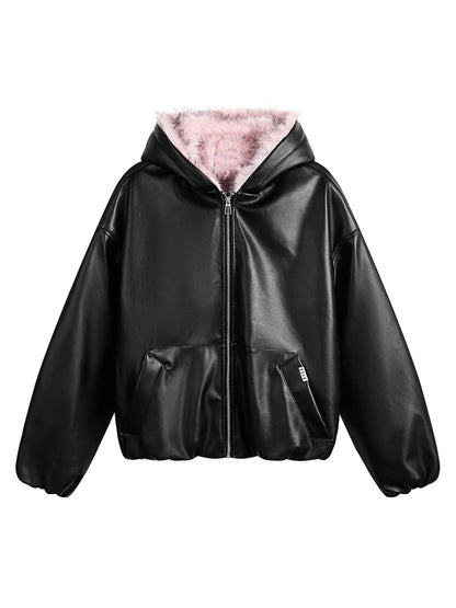 Gesteppte Lederjacke mit rosa Fellkapuze