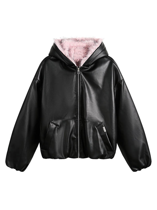 Gesteppte Lederjacke mit rosa Fellkapuze