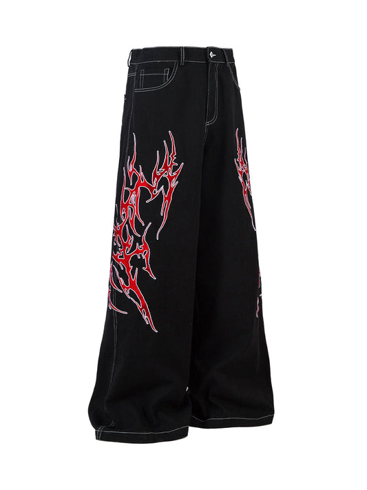 Contrast Flame Embroidered Baggy Jeans - 2364