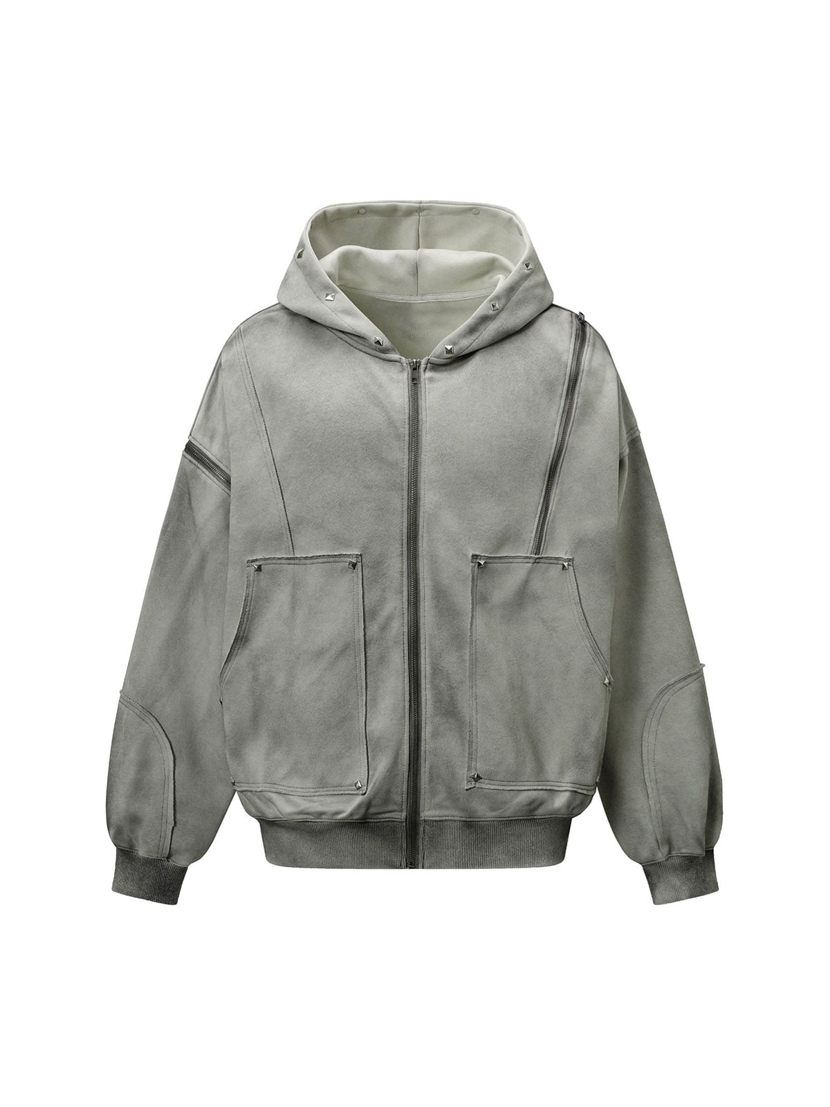 Street Washed Distressed Stitching Rivet Hooded Jacket