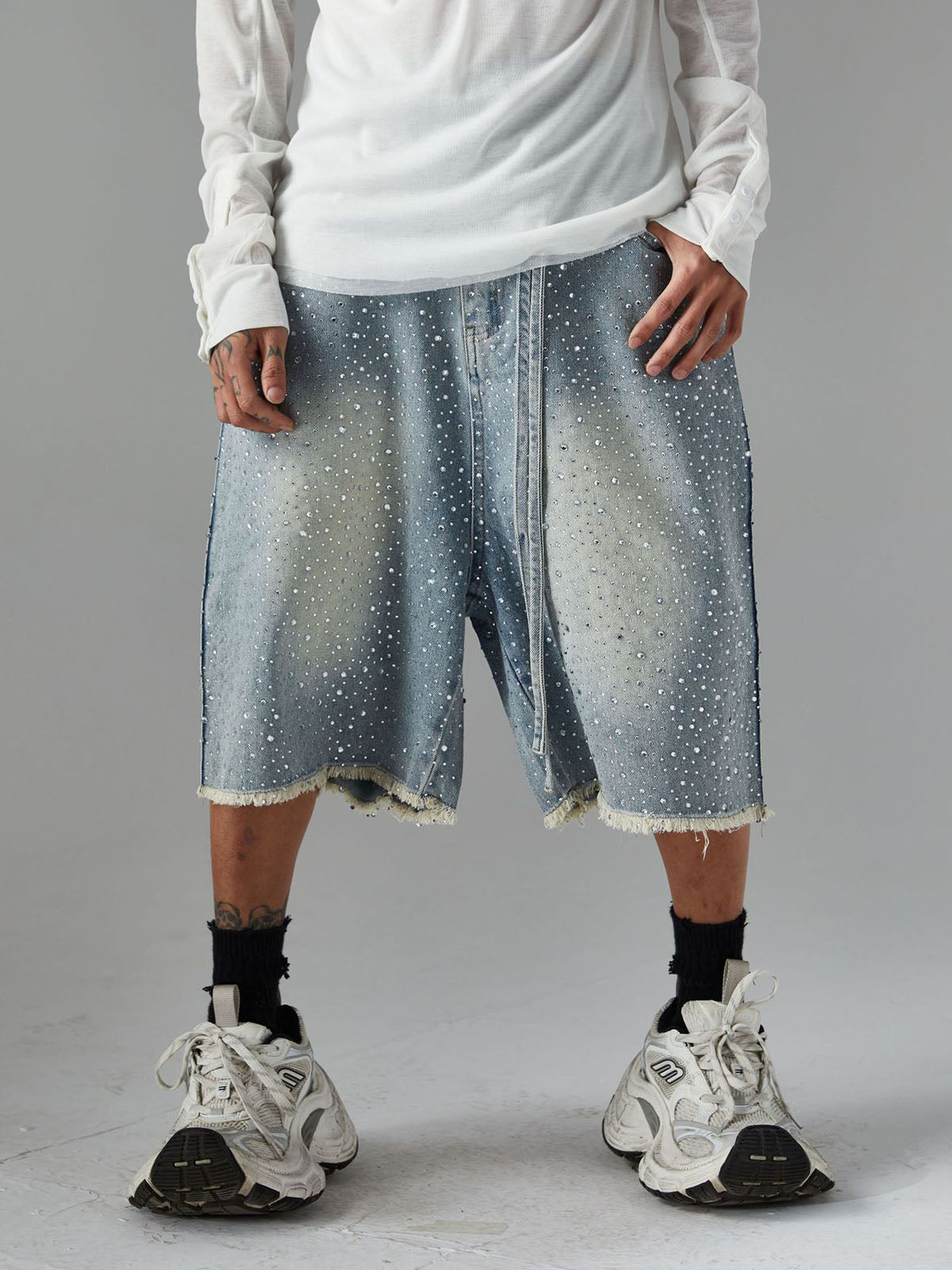 Distressed Rhinestone Denim Jorts