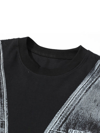 Faux Two-Piece Denim Vest Print T-Shirt