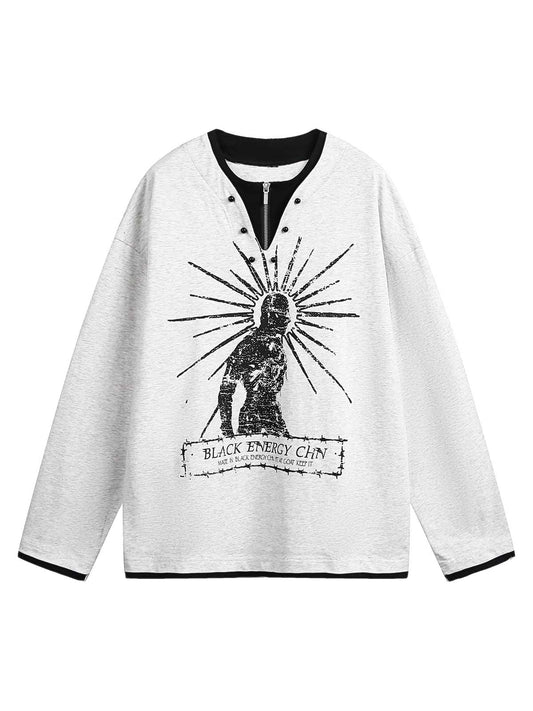 Zweiteiliges Langarm-T-Shirt mit Retro-Porträt-Print – 2316