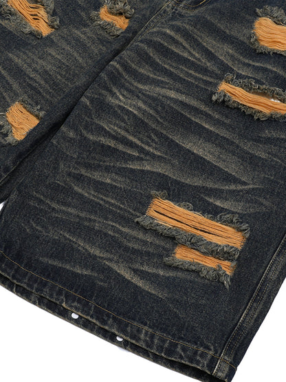 Distressed Washed Distressed Denim Shirt & Jorts Set