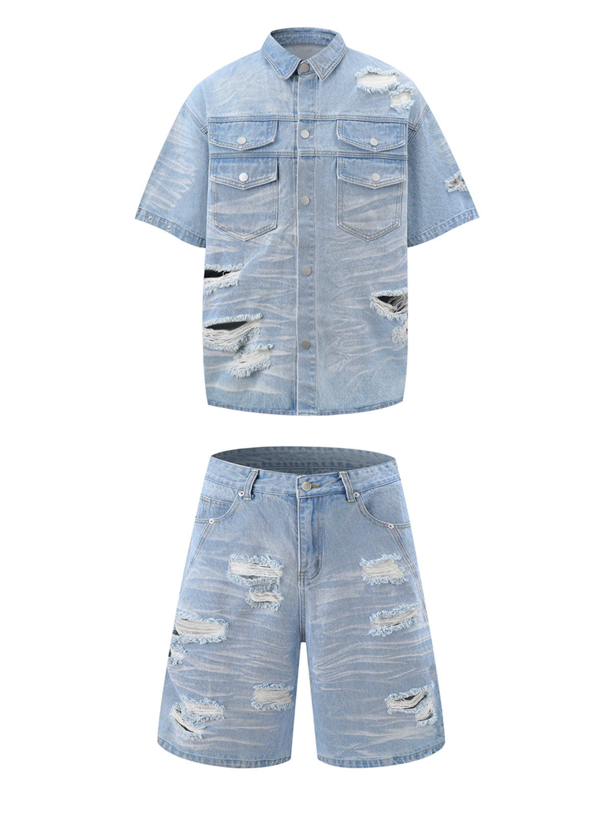 Distressed Washed Distressed Denim Shirt & Jorts Set
