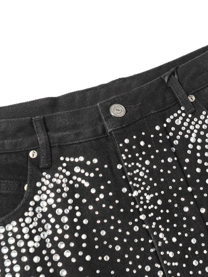 Retro Washed Rhinestone Raw Edge Denim Shorts