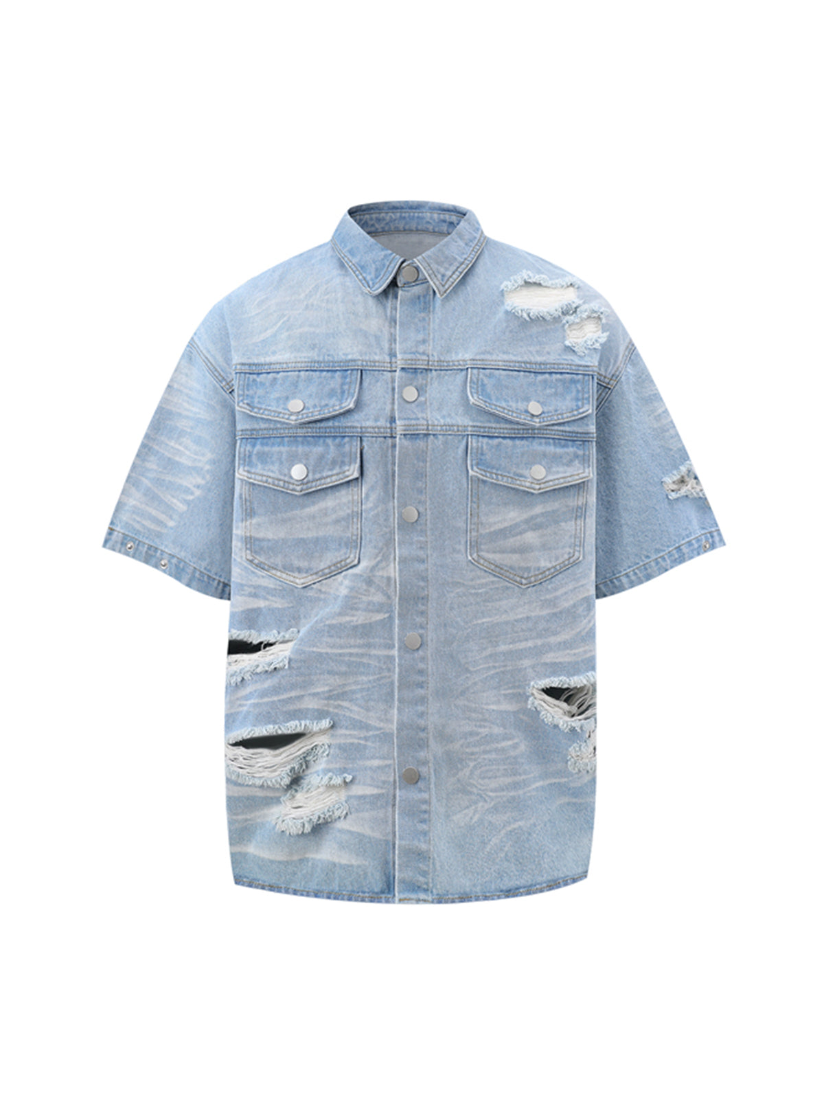 Distressed Washed Distressed Denim Shirt & Jorts Set