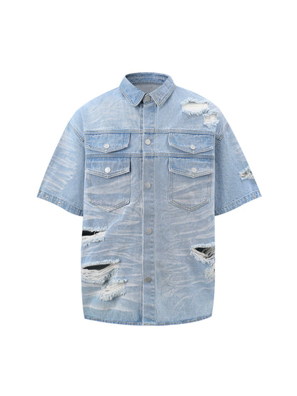 Distressed Washed Distressed Denim Shirt & Jorts Set