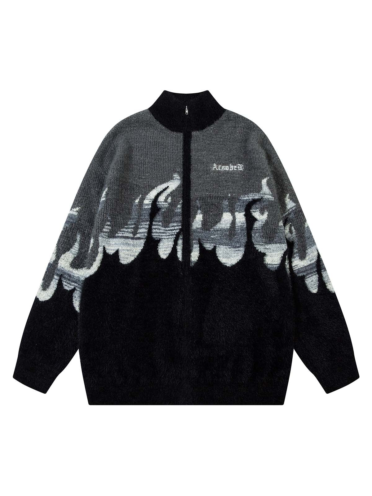 Thesupermade Flame Embroidery Fuzzy Zipper Sweater