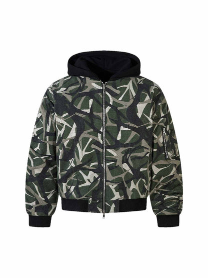 Camouflage Faux Two-Piece Hooded Bomber Jacket