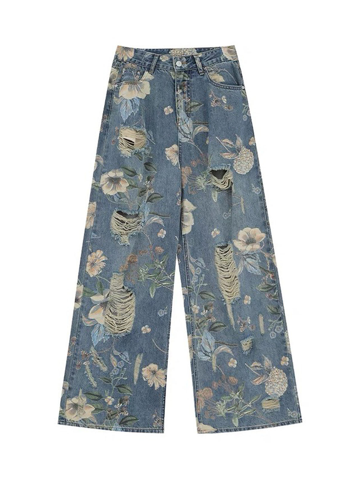 Vintage Washed Distressed Floral Ripped Baggy Jeans