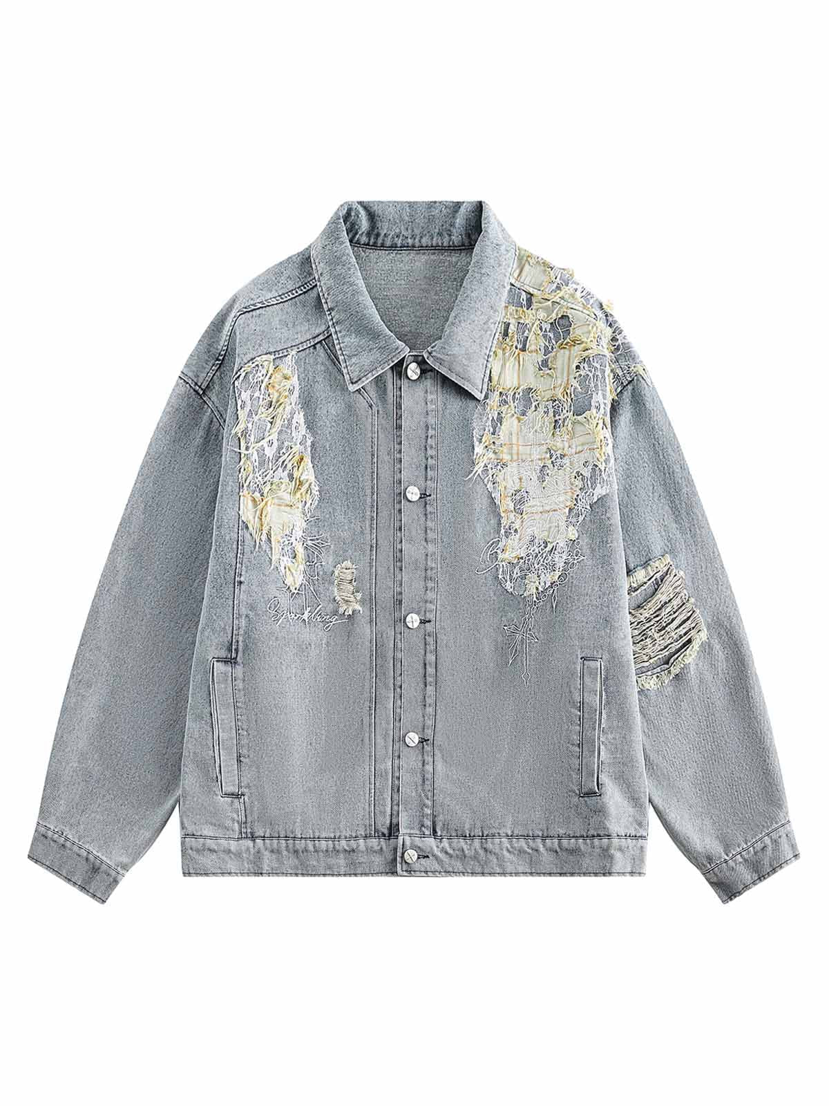 Thesupermade Washed Distressed Lace Patchwork Denim Jacket