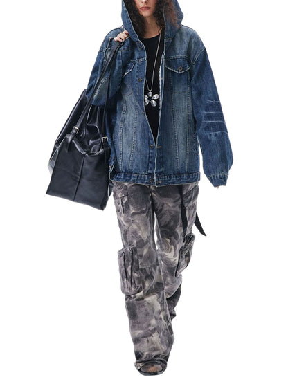 Veste à capuche en jean délavé style rétro