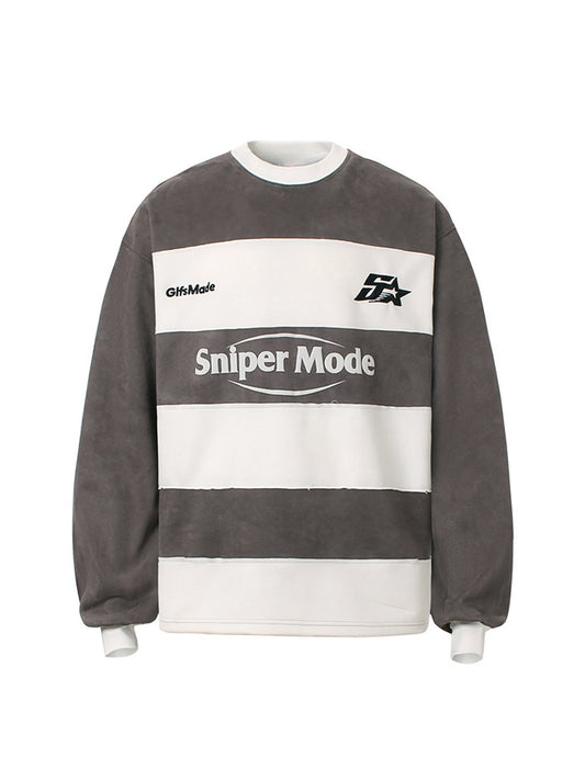 Suede Contrast Stripe Embroidered Long SleeveT-shirt