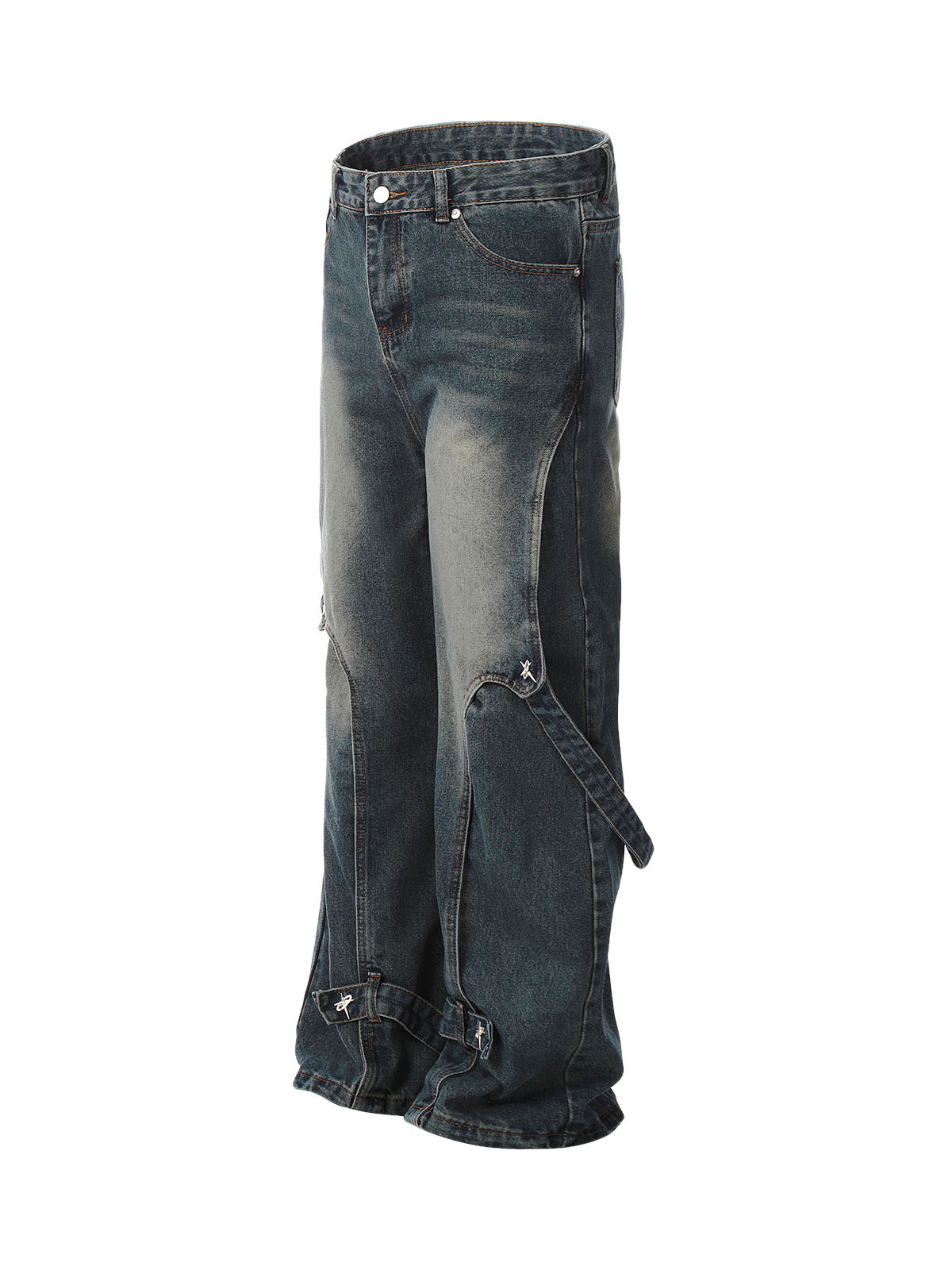 Washed Distressed Deconstructed Split Work Jeans