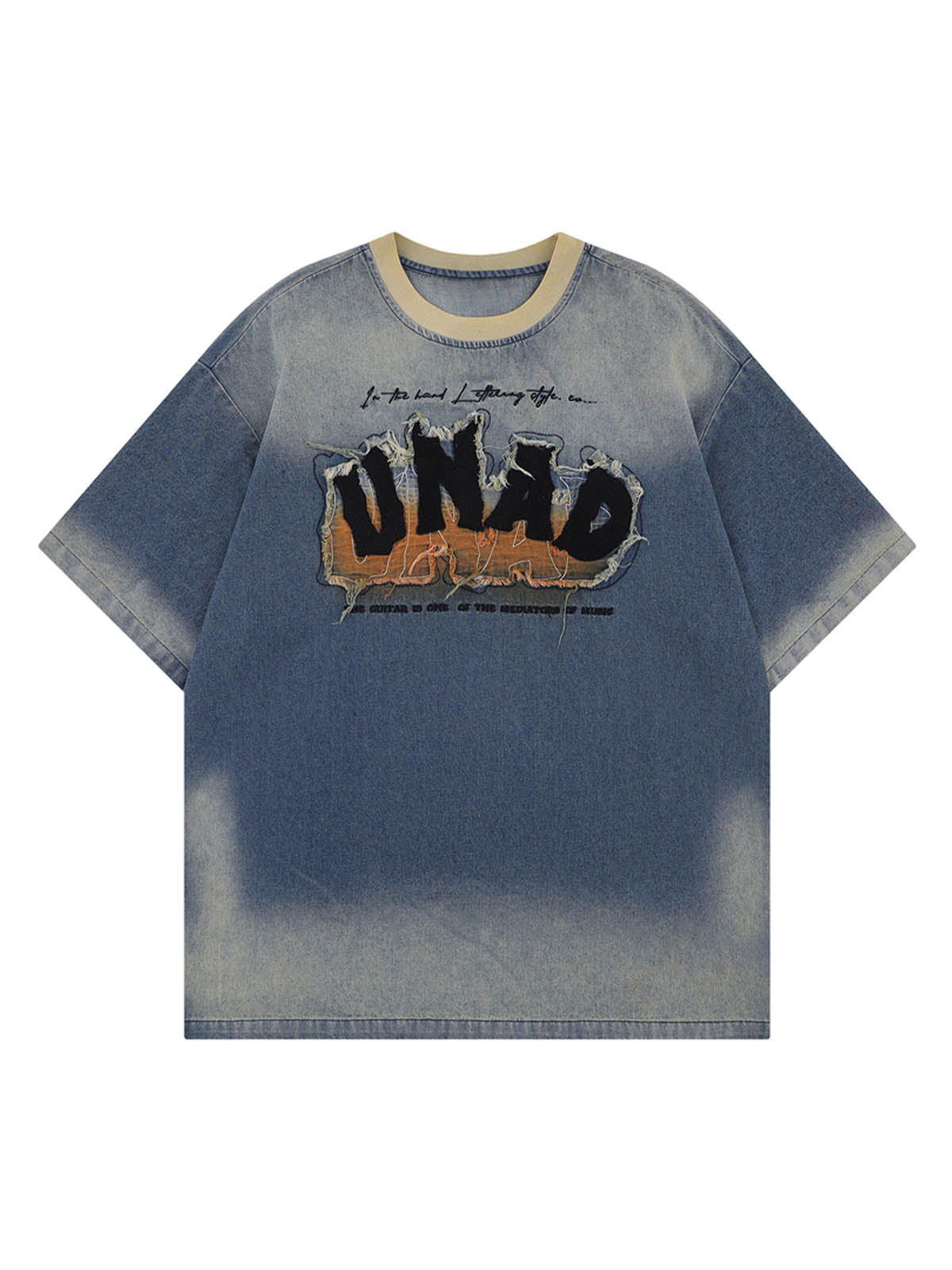 Distressed Washed Patchwork Gradient Denim T-shirt