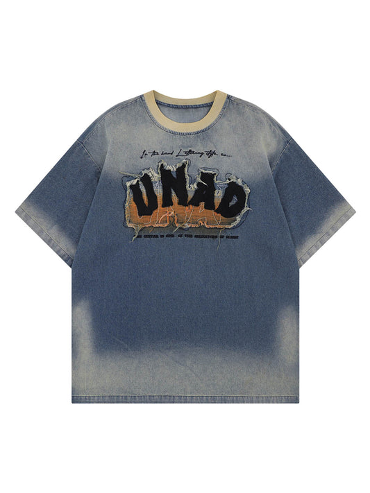 Distressed Washed Patchwork Gradient Denim T-shirt