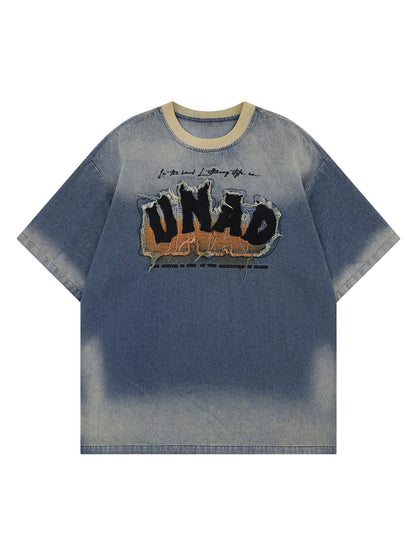 T-Shirt aus gewaschenem Patchwork-Denim mit Farbverlauf im Used-Look
