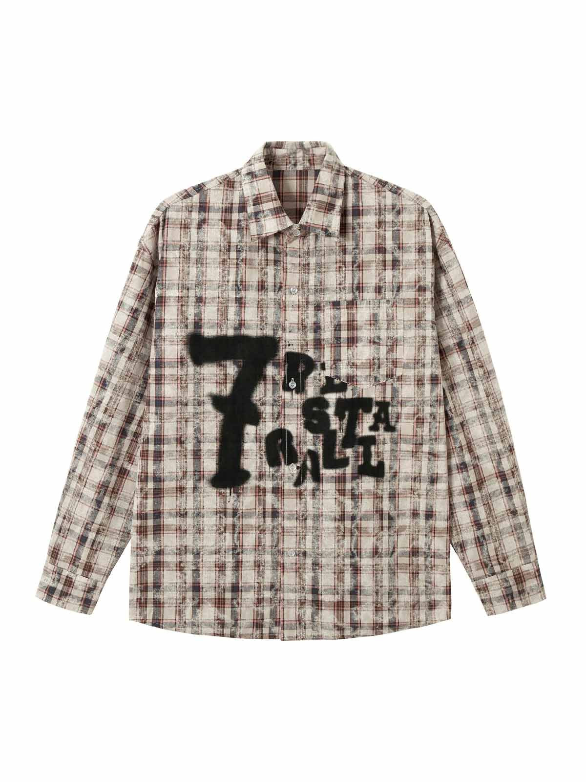 Plaid Graffiti Spray-painted Letters Long Sleeve Shirt