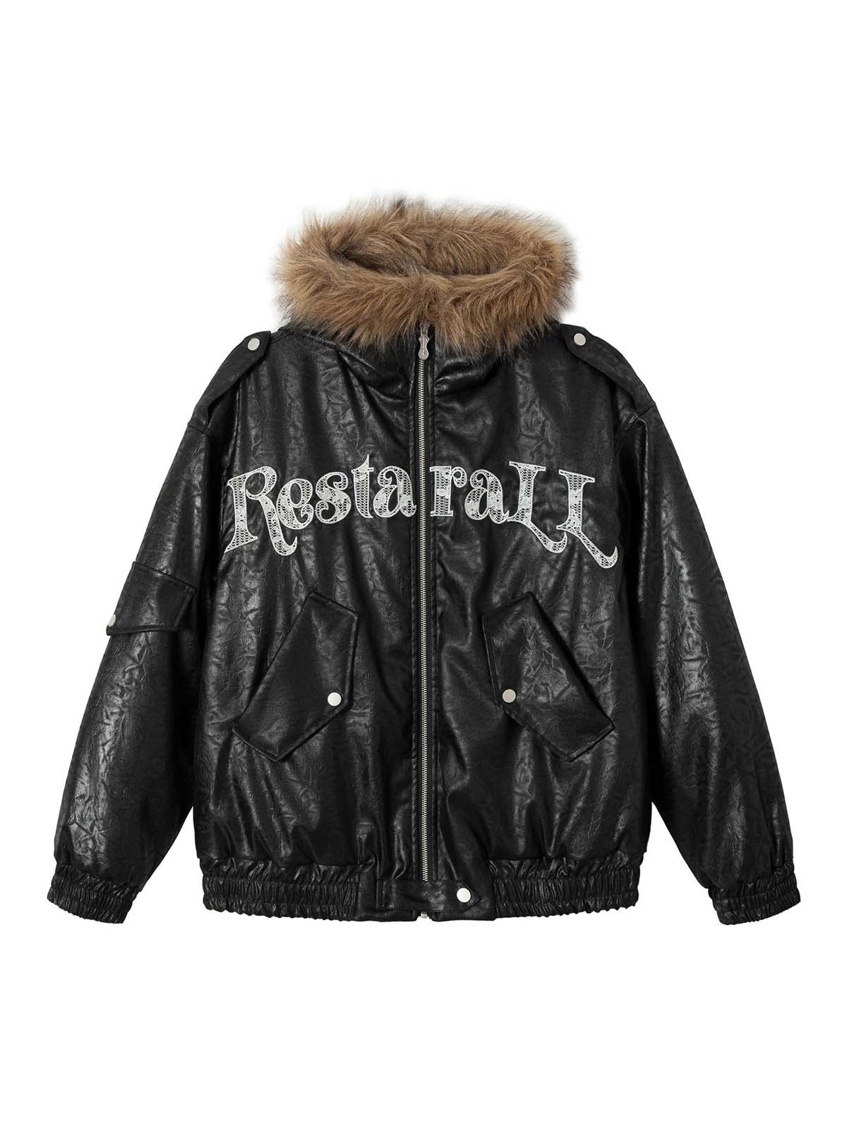 Lederjacke mit Spitzenbeschriftung und Fellkapuze