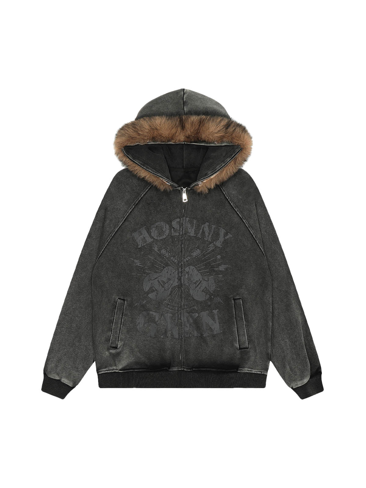 Sweat à capuche zippé avec col en fourrure lavée