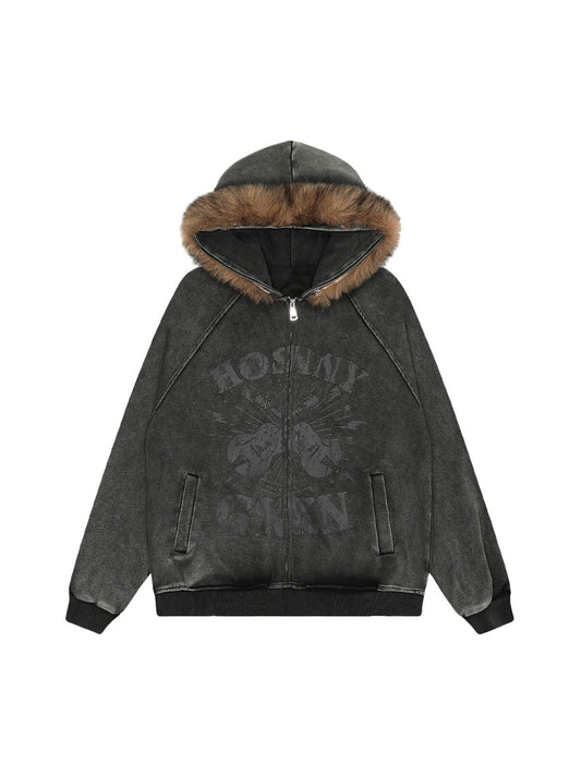 Sweat à capuche zippé avec col en fourrure lavée