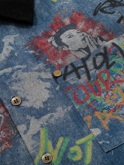 Poloshirt aus Denim mit Batik-Graffiti