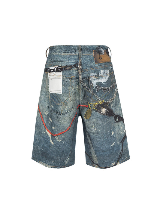 Retro Scissors Print Cropped Denim Shorts