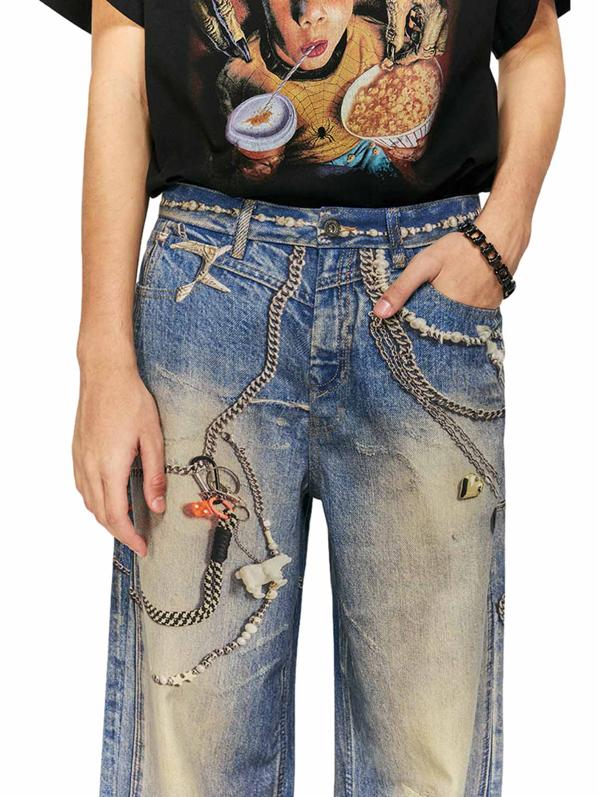 Washed Keychain Printed Baggy Jeans