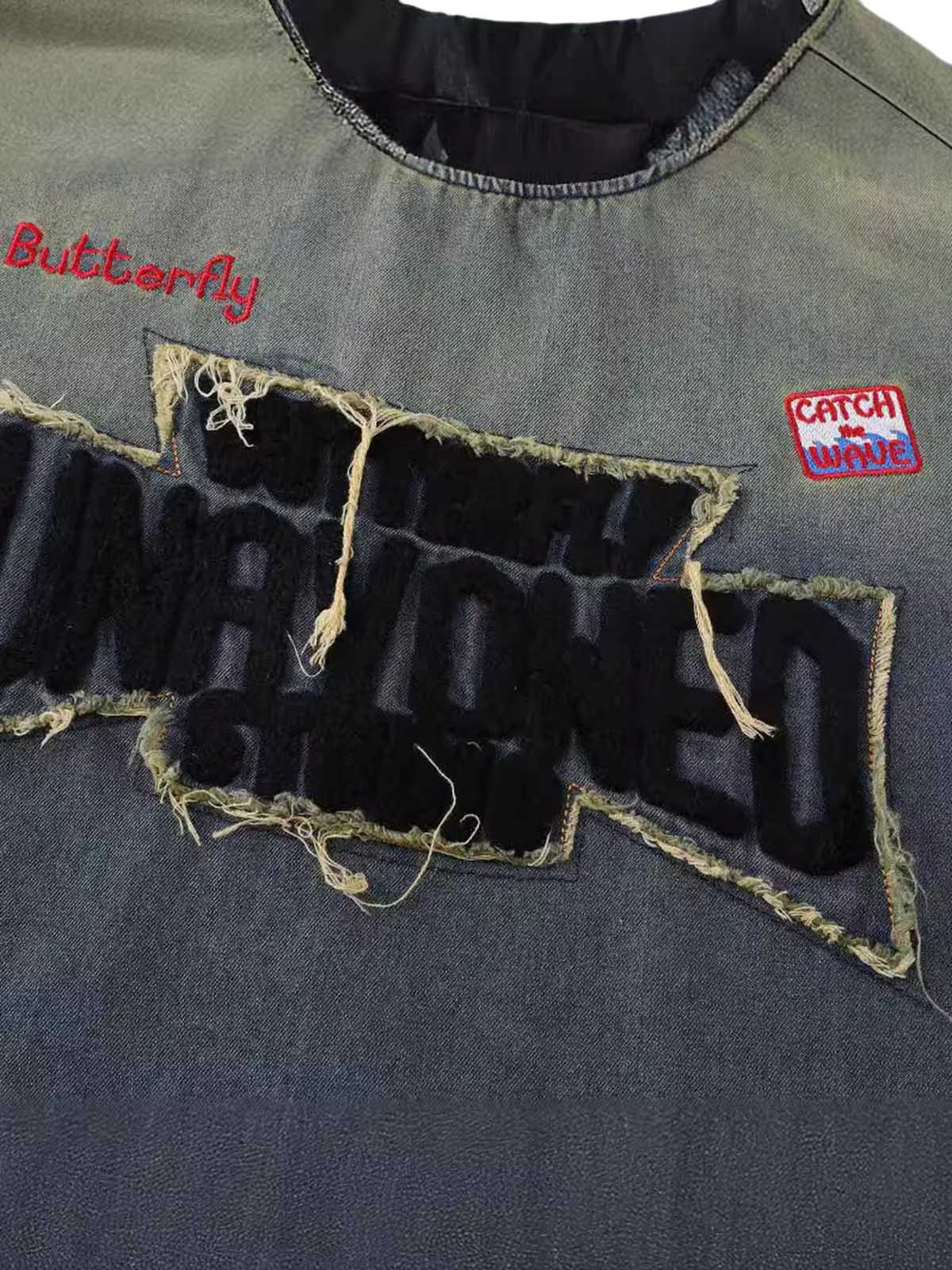 Distressed Washed Patchwork Gradient Denim T-shirt