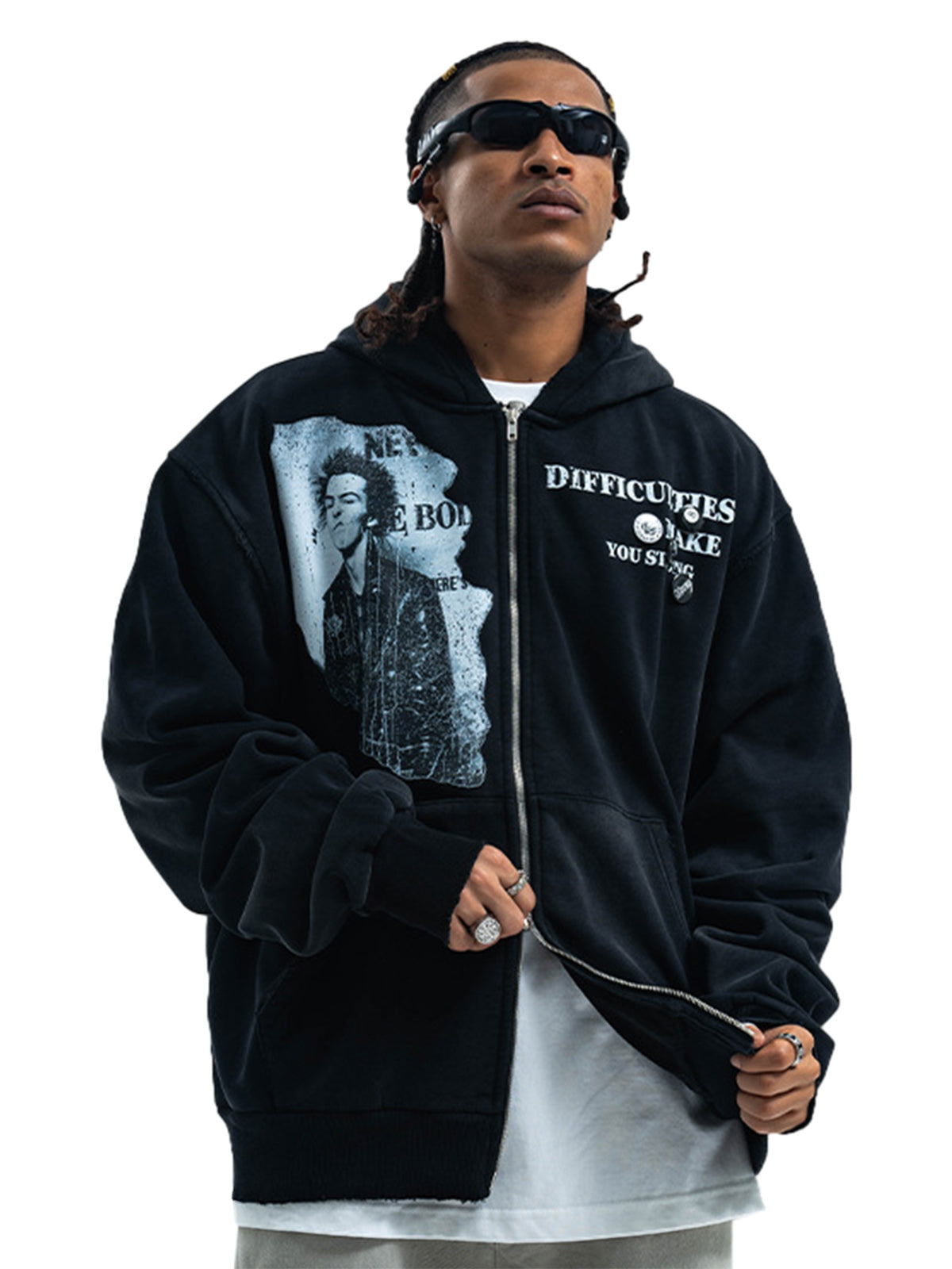Kapuzenpullover mit verwaschenem Retro-Porträt-Print und Doppelreißverschluss