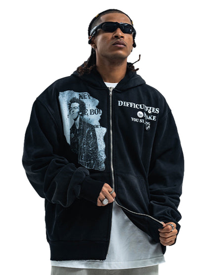 Kapuzenpullover mit verwaschenem Retro-Porträt-Print und Doppelreißverschluss