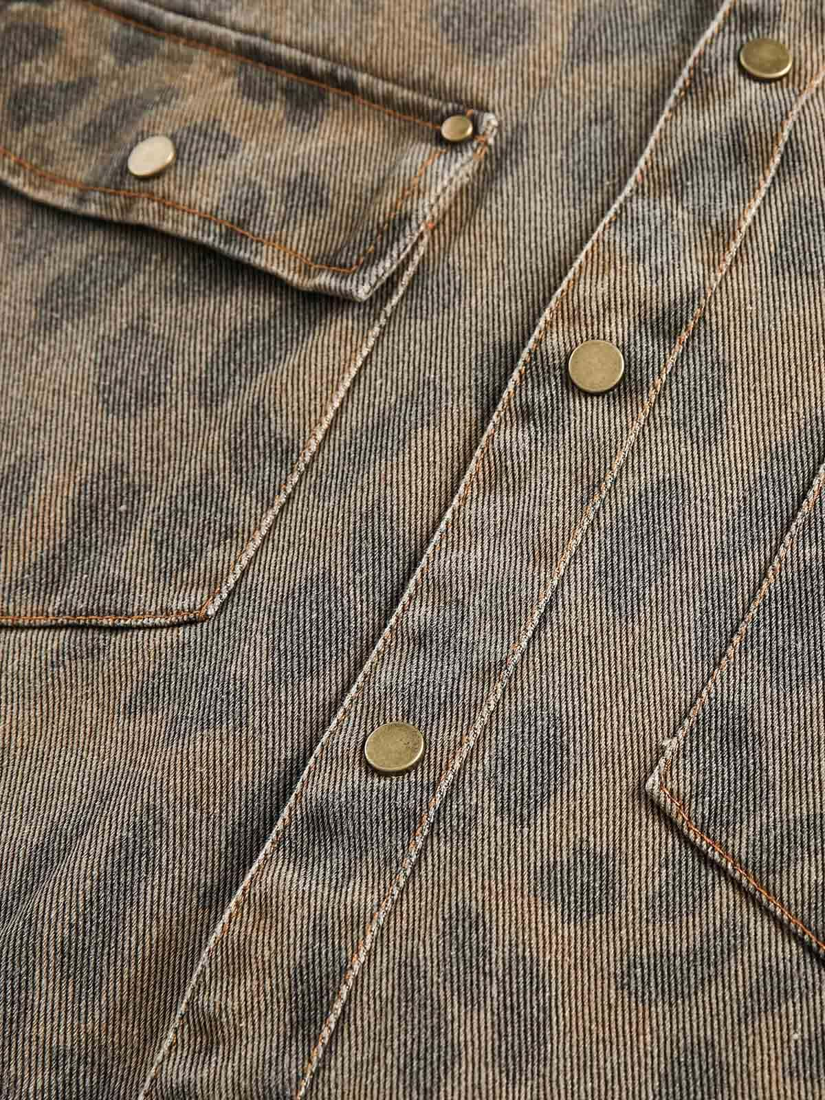 Vintage Distressed Cheetah Print Denim Shirt