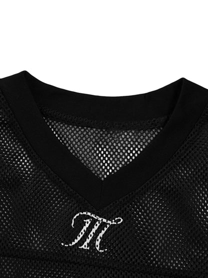 Schnelltrocknendes Jersey-T-Shirt mit Buchstaben-Print und V-Ausschnitt