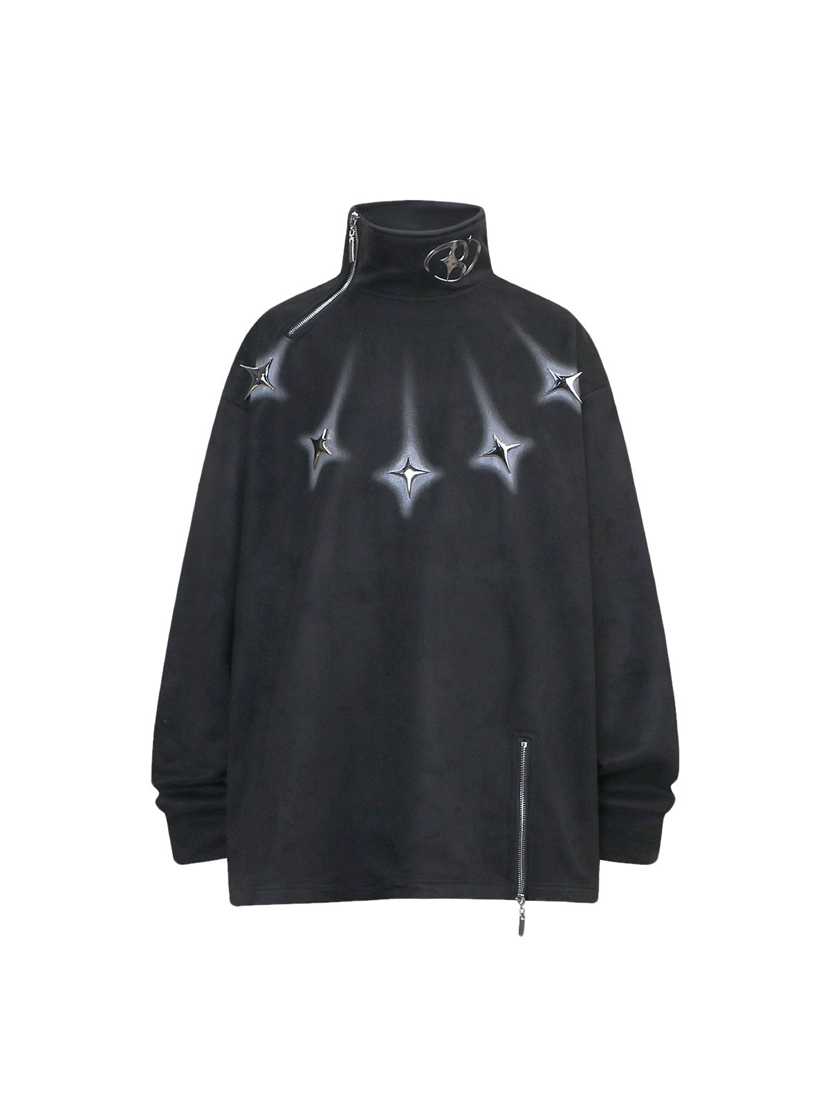 Thesupermade Metal Button Multi Zipper Suede Fleece Sweatshirt