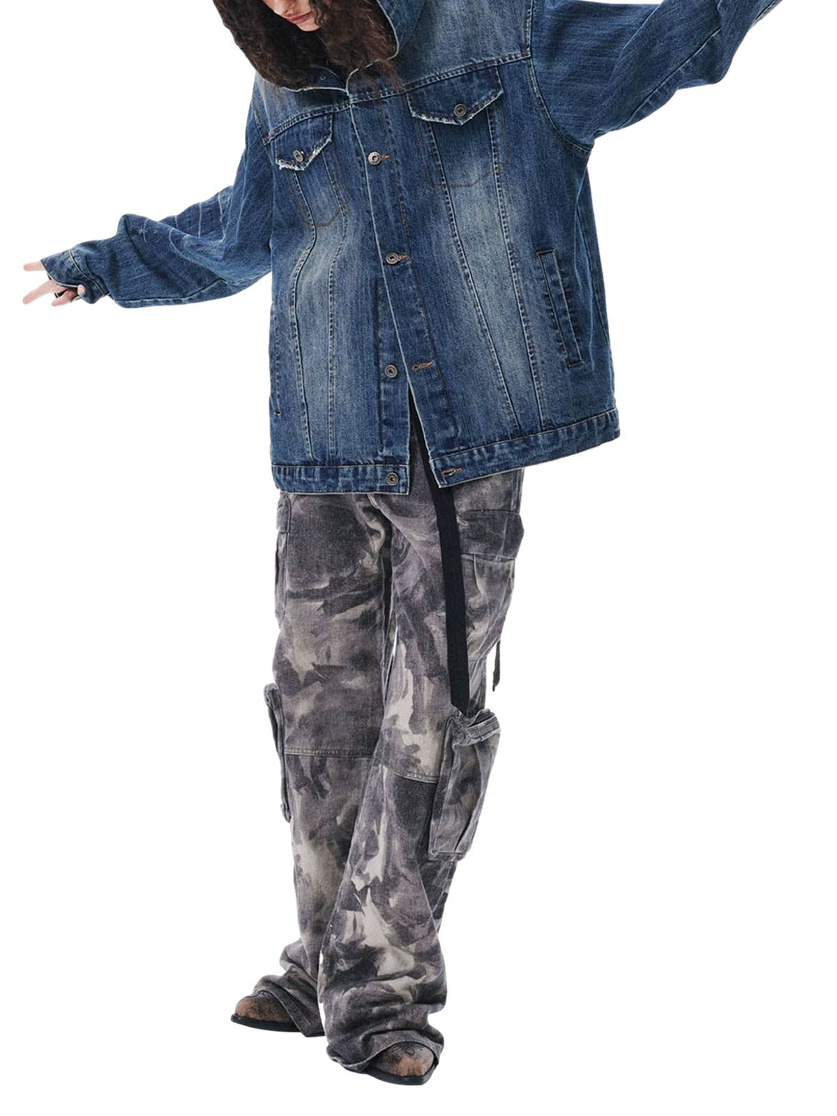 Veste à capuche en jean délavé style rétro