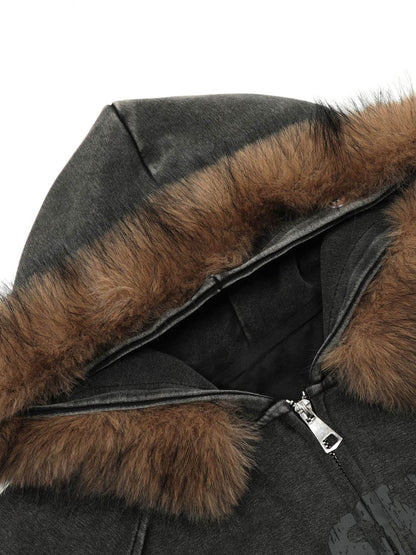 Sweat à capuche zippé avec col en fourrure lavée