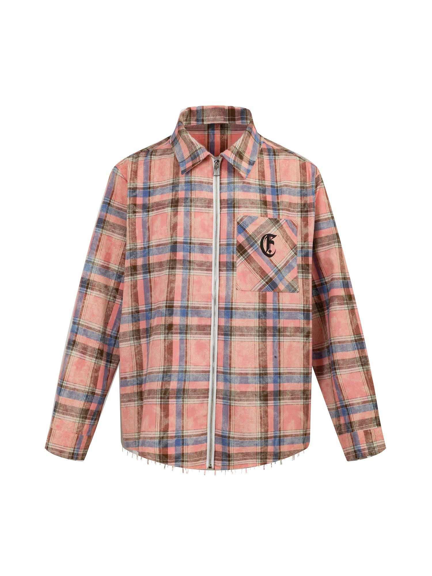 Thesupermade Lettering Print Raw Edge Plaid Shirt