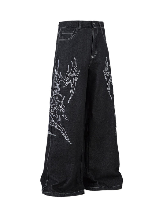 Baggy-Jeans mit Flammenstickerei