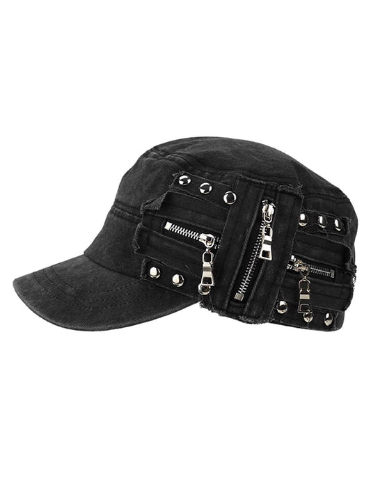 Washed Rivet Zipper Flat Top Cap