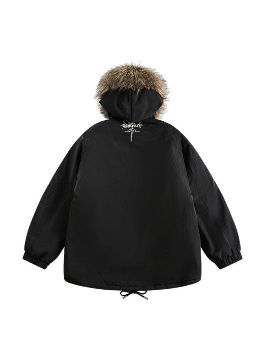 Steppjacke mit bestickter Pelzkapuze