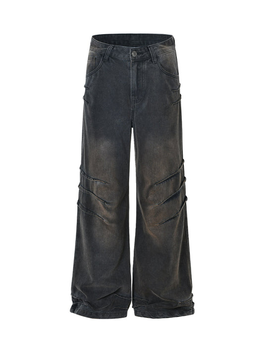 Washed Pleated Straight Jeans - 2263