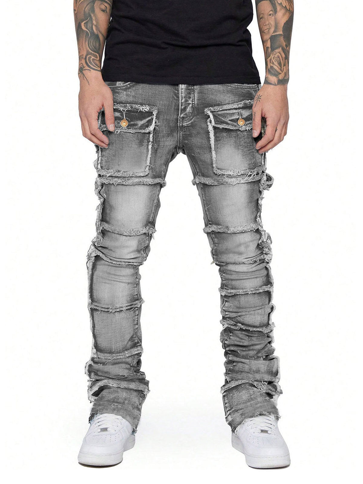 Thesupermade Stretch Patch Layered Bootcut Stacked Jeans