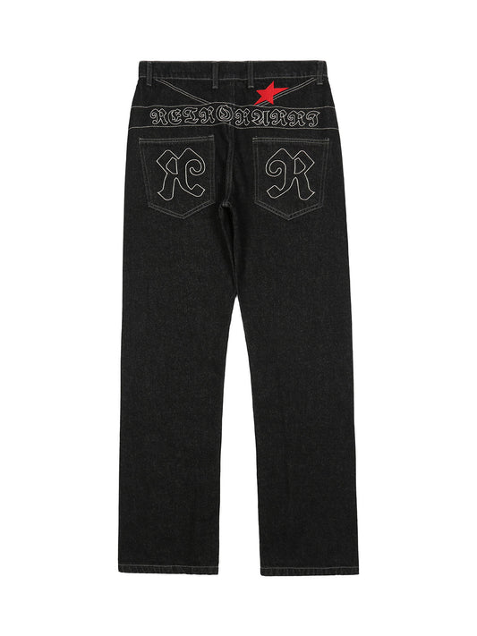 Dark Gothic Straight Jeans mit bestickten Sternen