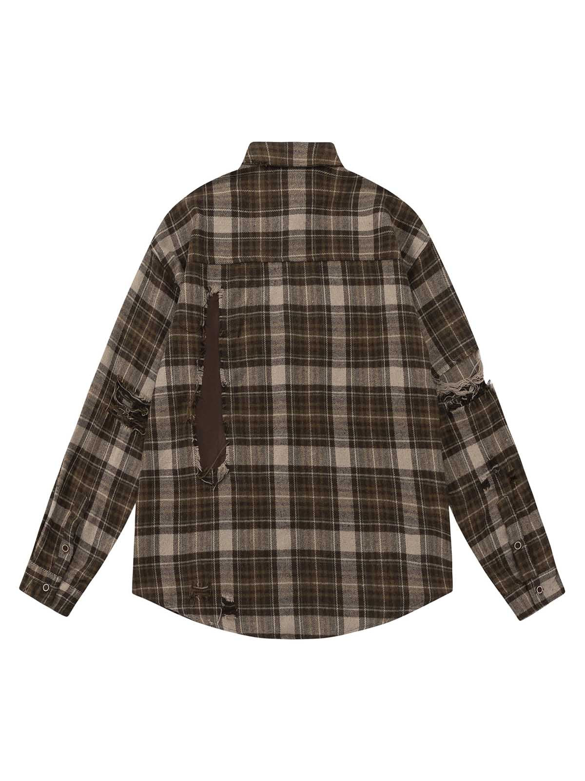 Retro Ripped Patchwork Long Sleeve Plaid Shirt