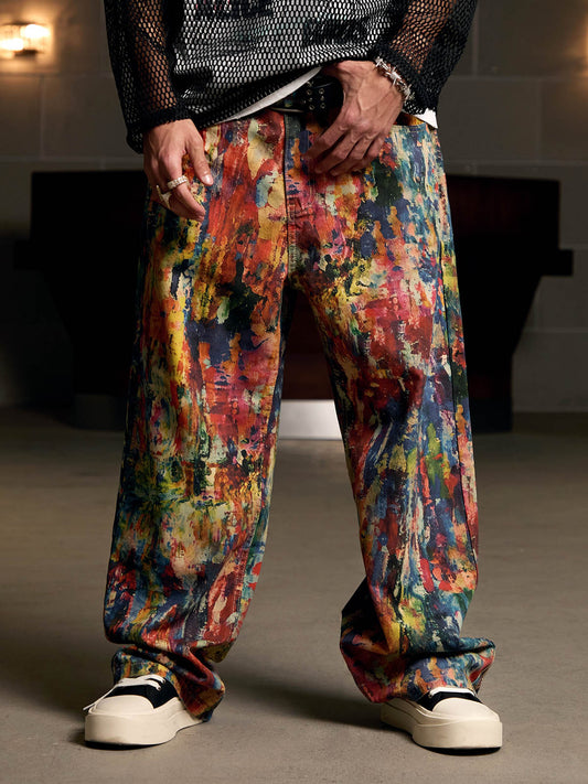Street Oil Painting Color Straight Jeans - 2348