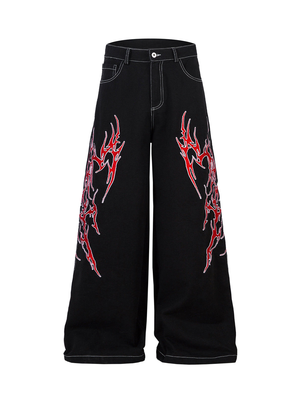 Baggy-Jeans mit kontrastierender Flammenstickerei – 2364